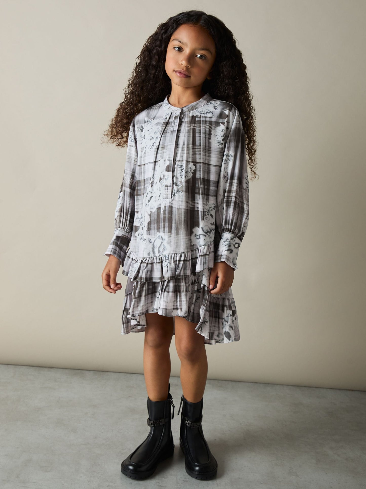 Reiss Grey Alodie 4-9 yrs Floral Print Check Tiered-Frill Dress image 1