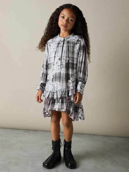 Reiss Grey Alodie 4-9 yrs Floral Print Check Tiered-Frill Dress image 1