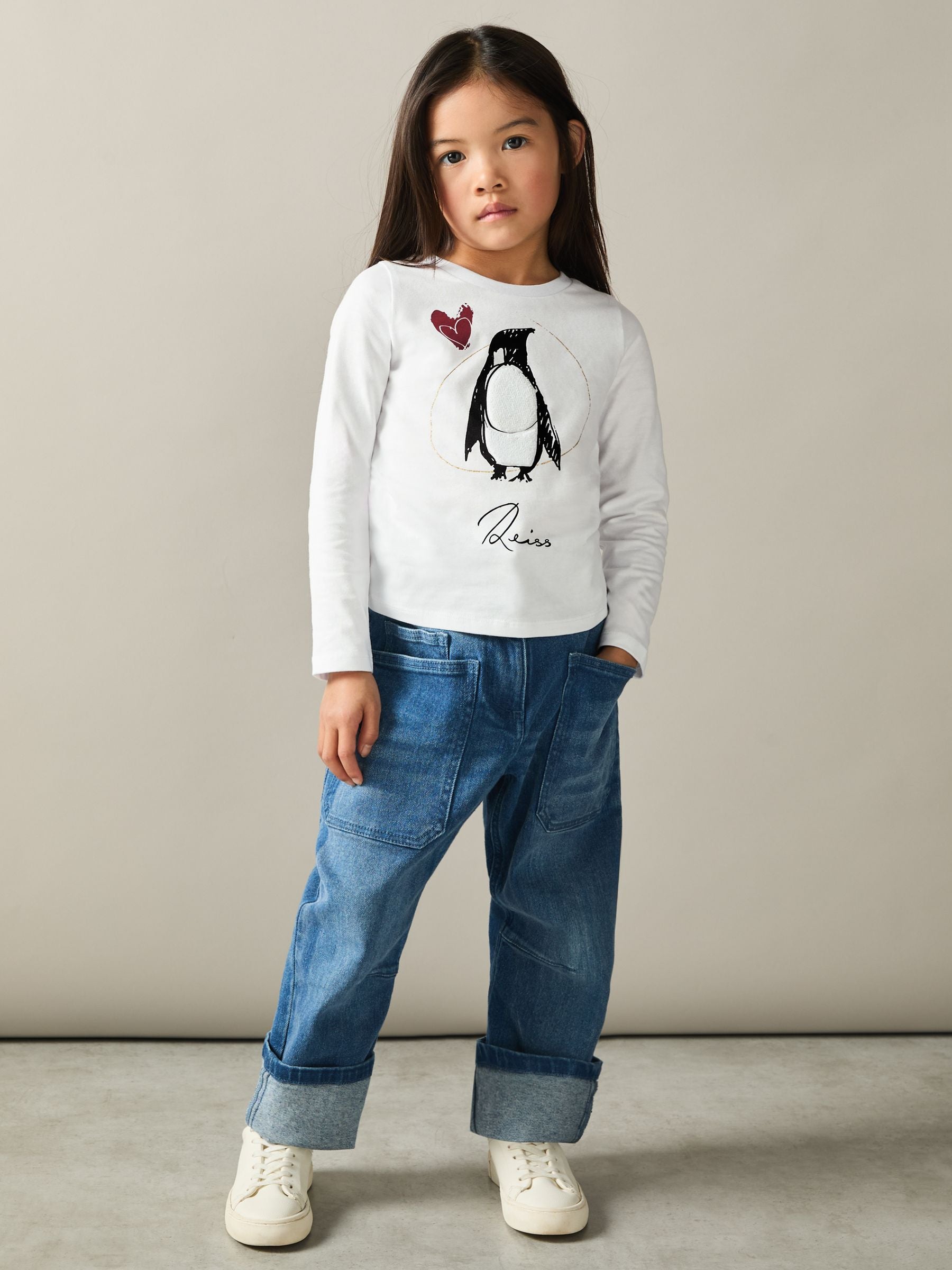 Dsiney Kidz - Reiss Ivory Marli 4-9 yrs Cotton Christmas Penguin-Print Logo T-Shirt image 1