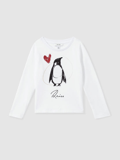 Dsiney Kidz - Reiss Ivory Marli 4-9 yrs Cotton Christmas Penguin-Print Logo T-Shirt image 2