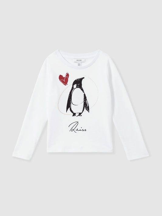 Dsiney Kidz - Reiss Ivory Marli 4-9 yrs Cotton Christmas Penguin-Print Logo T-Shirt image 2