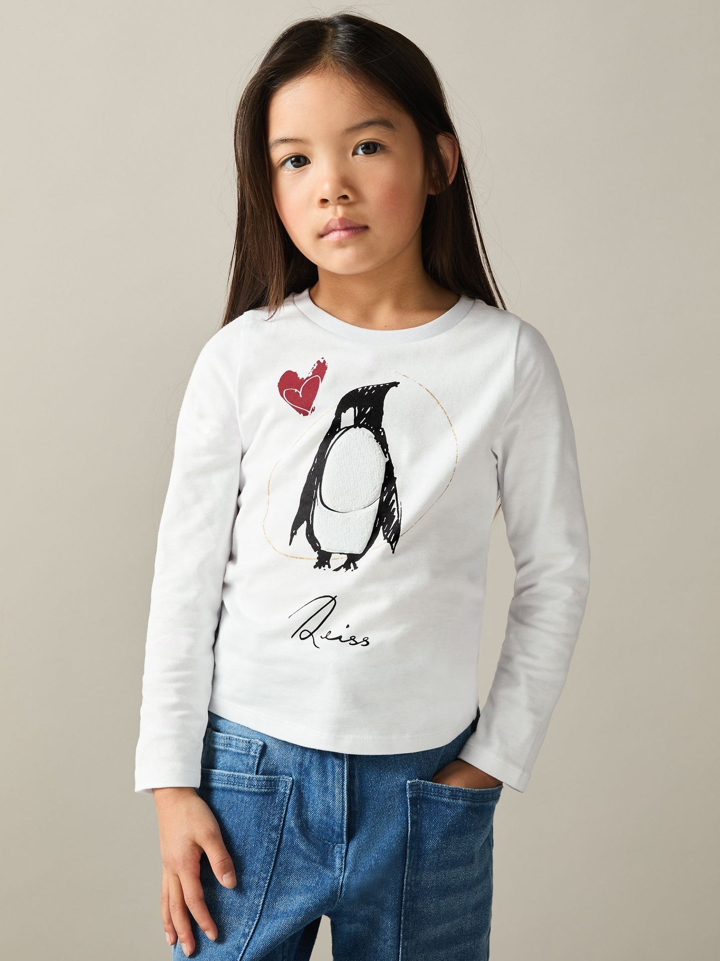 Dsiney Kidz - Reiss Ivory Marli 4-9 yrs Cotton Christmas Penguin-Print Logo T-Shirt image 3