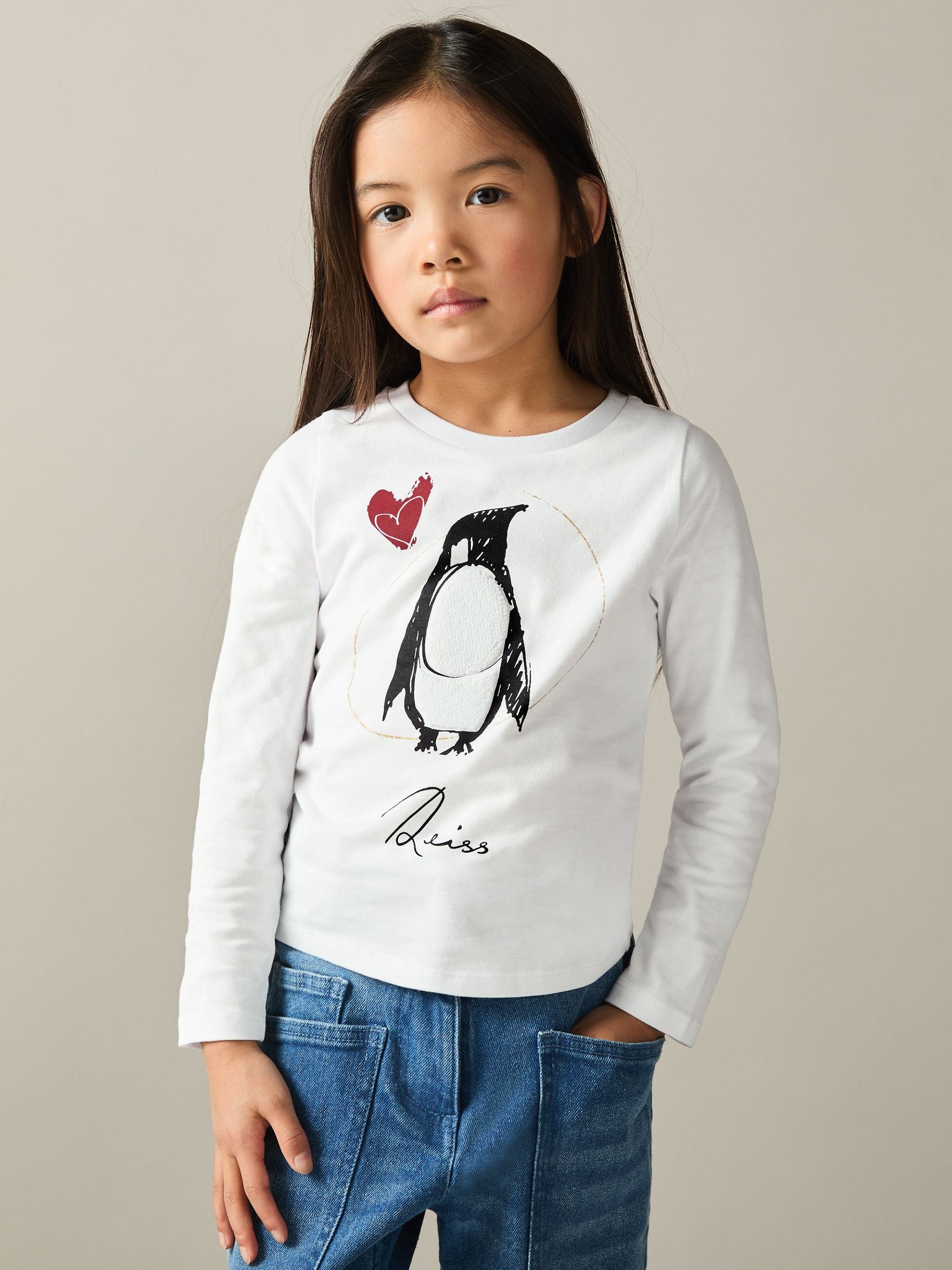 Dsiney Kidz - Reiss Ivory Marli 4-9 yrs Cotton Christmas Penguin-Print Logo T-Shirt image 3