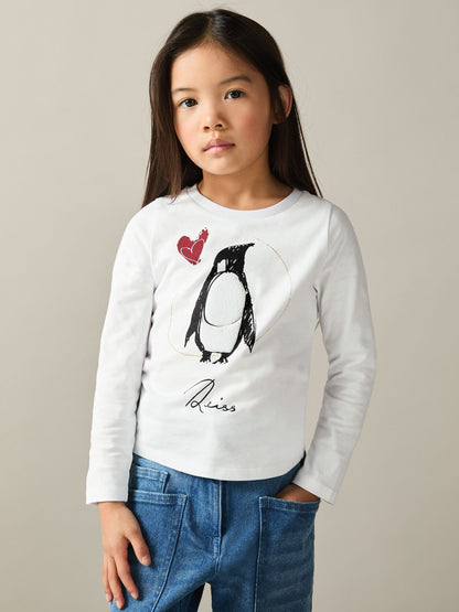 Dsiney Kidz - Reiss Ivory Marli 4-9 yrs Cotton Christmas Penguin-Print Logo T-Shirt image 3