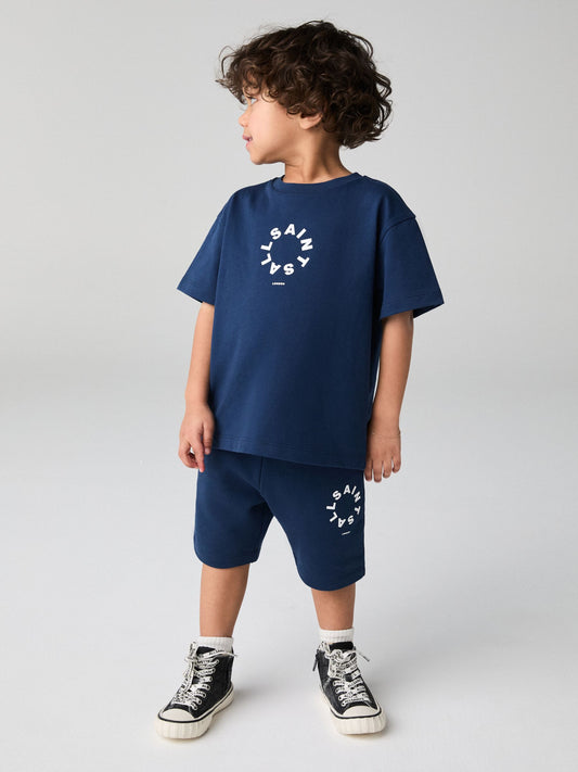 smALLSAINTS Navy Younger Boys Tierra 100% Cotton T-Shirt and Sweat Shorts Set image 1