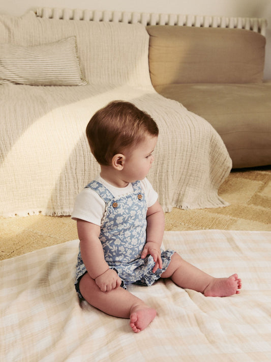 Denim Floral and Ecru Short Sleeve Baby Bodysuit and Dungarees Set (0mths-2yrs) image 1