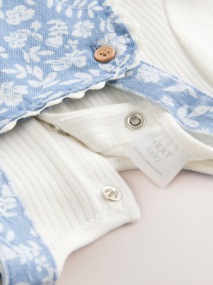 Denim Floral and Ecru Short Sleeve Baby Bodysuit and Dungarees Set (0mths-2yrs) image 4