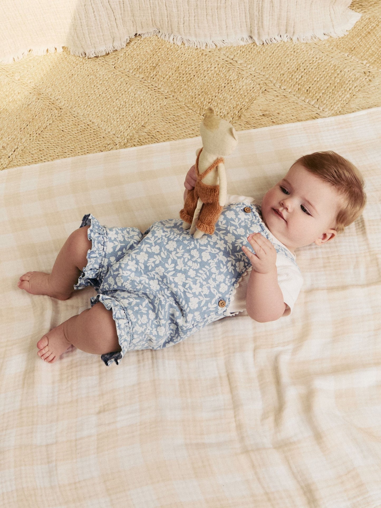 Denim Floral and Ecru Short Sleeve Baby Bodysuit and Dungarees Set (0mths-2yrs) image 7
