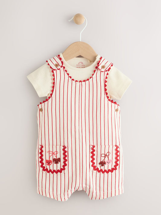 Red Stripe Cherry Short Sleeve Baby Bodysuit and Dungarees Set (0mths-2yrs) image 1
