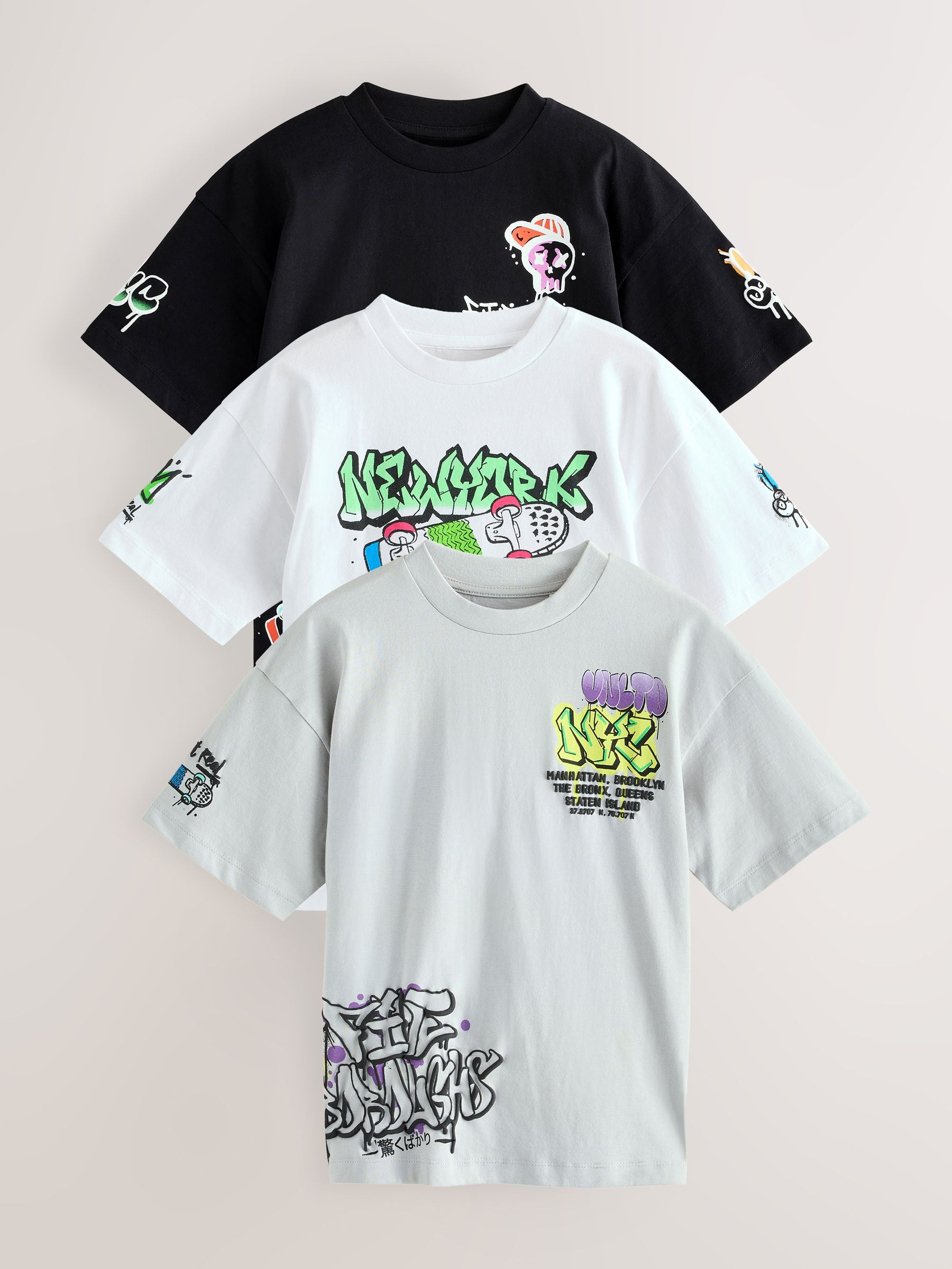 Dsiney Kidz - Black/White/Grey Relaxed Fit Graphic Print Short Sleeve T-Shirts 3 Pack (3-16yrs) image 1
