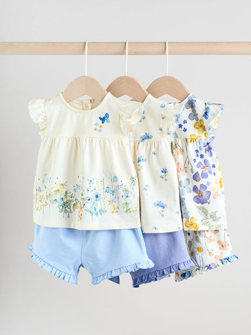 Dsiney Kidz - Blue/White Floral Baby Frill T-Shirt and Shorts Set 6 Piece (0mths-2yrs) image 1