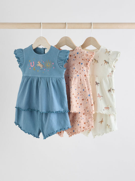 Pink/ White and Blue Horse Baby Frill T-Shirt and Shorts Set 6 Piece image 1