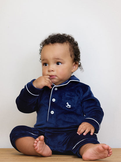 The Little Tailor Blue Luxury Soft Touch Velour Onsie Rompersuit image 2