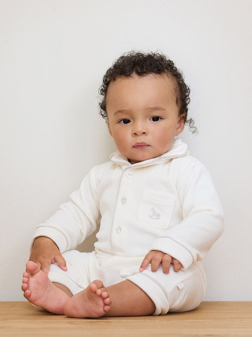 The Little Tailor Cream Luxury Soft Touch Velour Onsie Rompersuit image 1