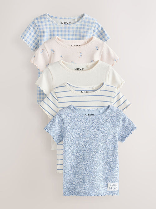 Blue Ribbed Short Sleeve Tops 5 Pack (3mths-7yrs) image 1