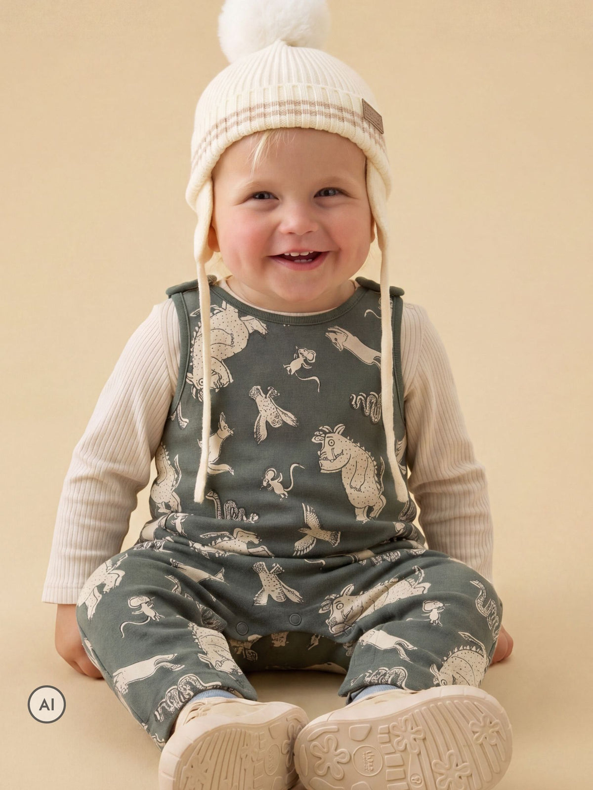 MORI Green Khaki Gruffalo Print  Sleeveless Dungarees - image 1