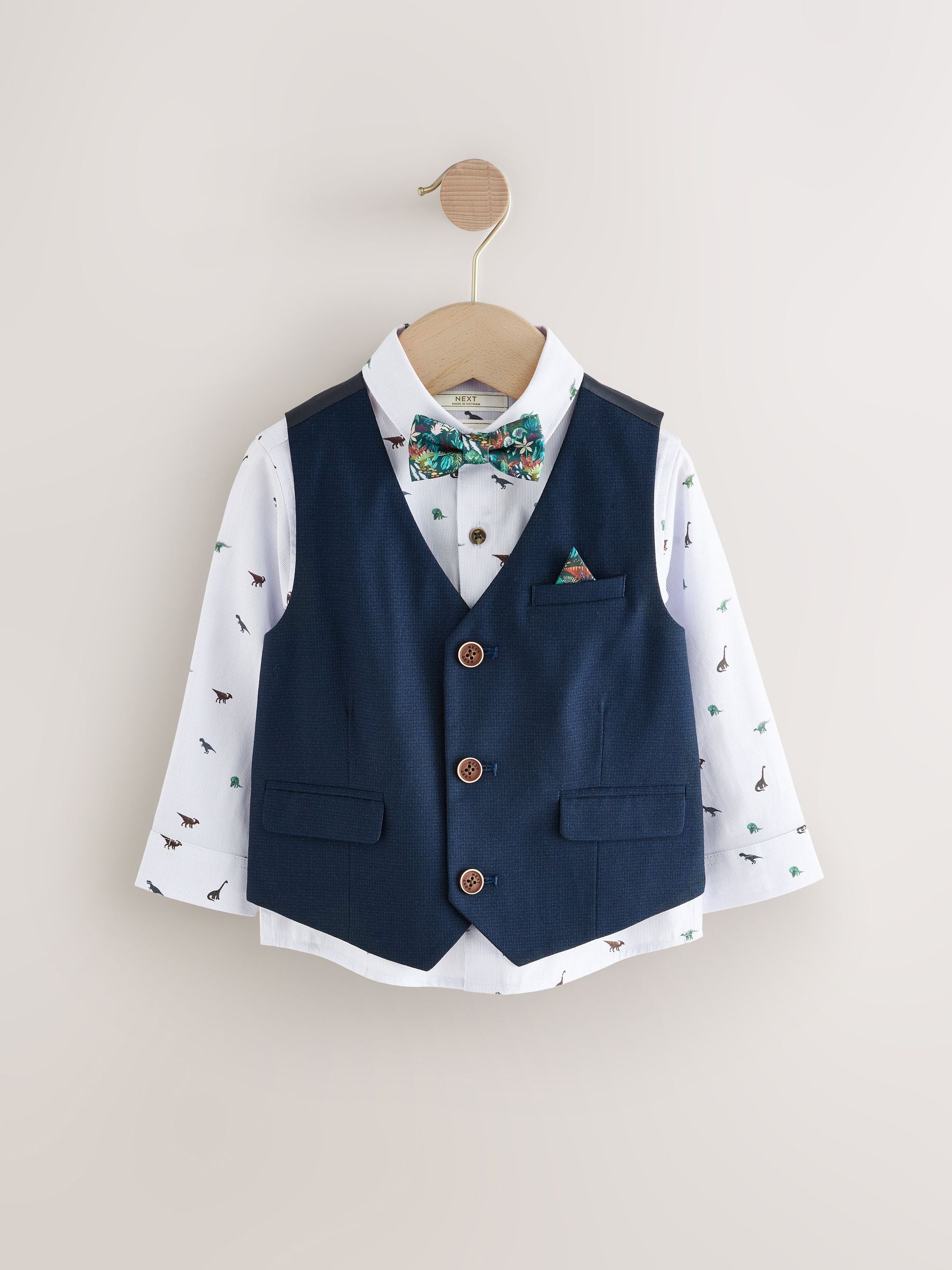 Navy Dino Waistcoat Set With Shirt And Bow Tie (3mths-9yrs) image 1