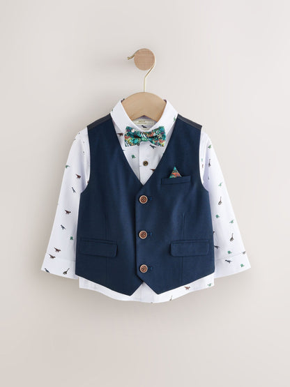 Navy Dino Waistcoat Set With Shirt And Bow Tie (3mths-9yrs) image 1