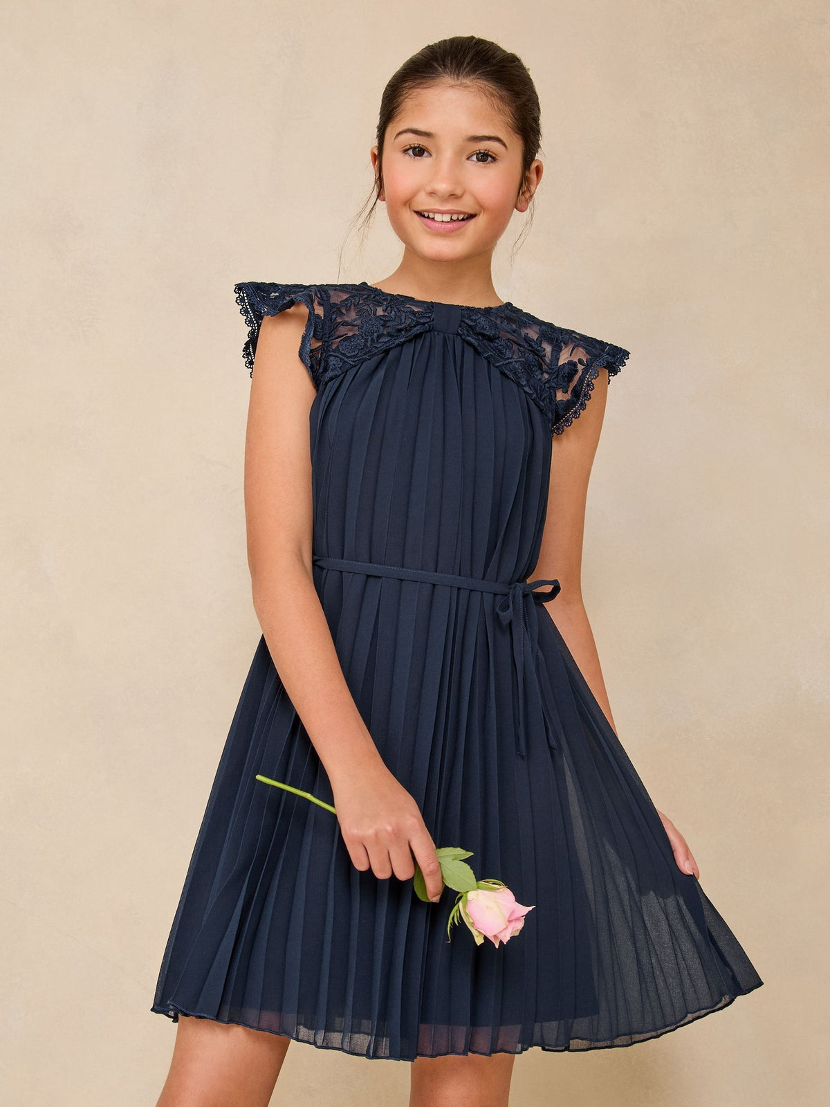 Lipsy Navy Blue Lace Bow Yolk Pleated Occasion Dress (5-16yrs) - image 1