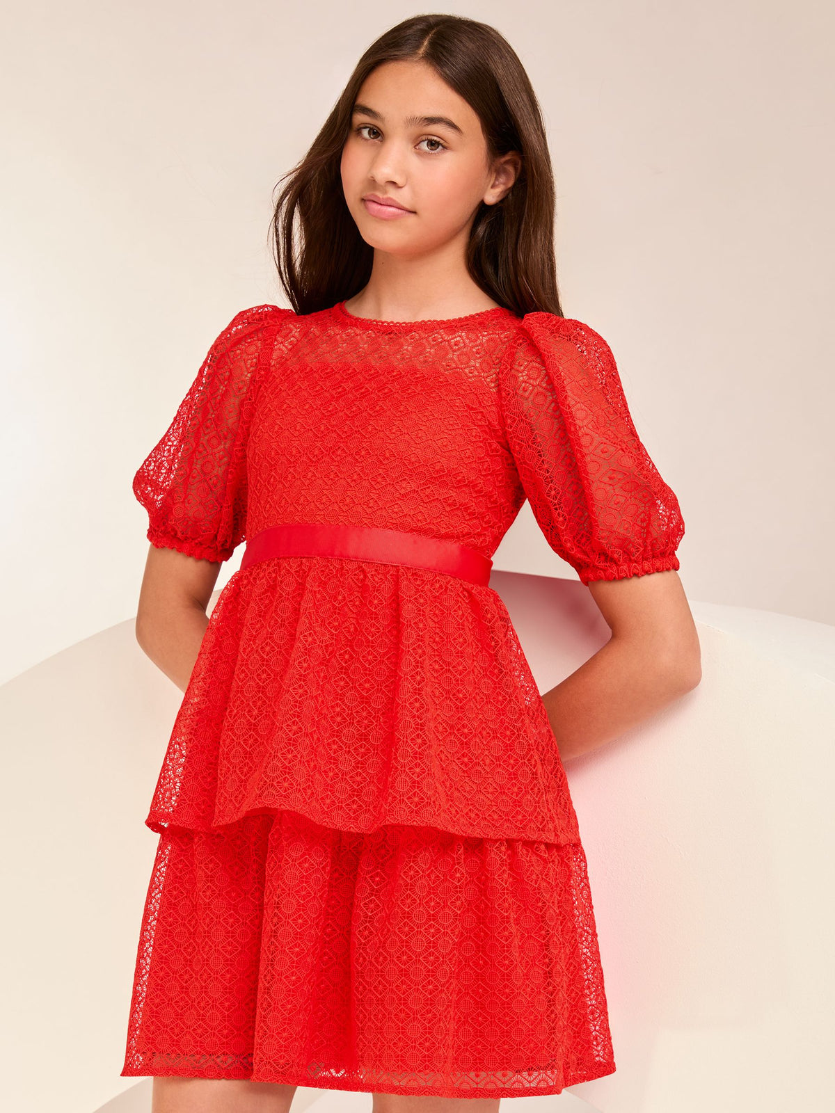 Lipsy Red Lace Puff Sleeve Occasion Dress (5-16yrs) - image 1