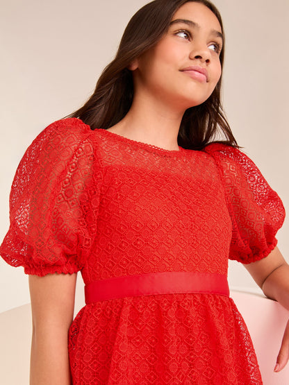 Lipsy Red Lace Puff Sleeve Occasion Dress (5-16yrs) - image 3