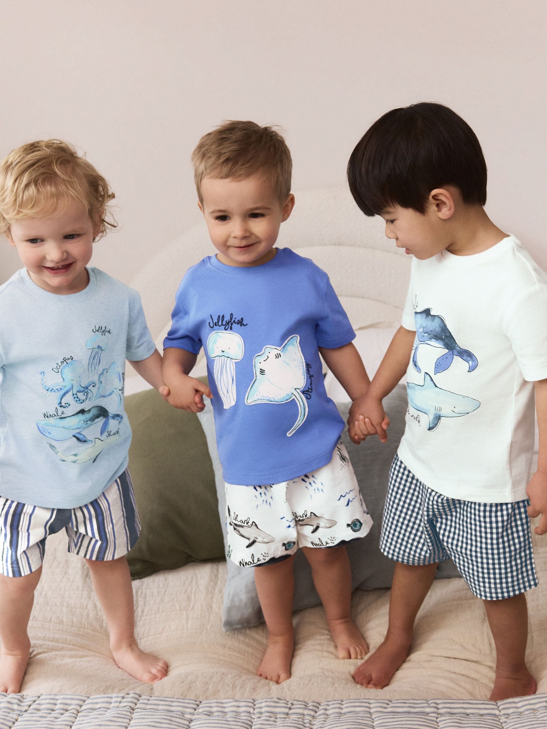 Blue/White Sea Life Short Pyjamas 3 Pack (9mths-12yrs) image 1