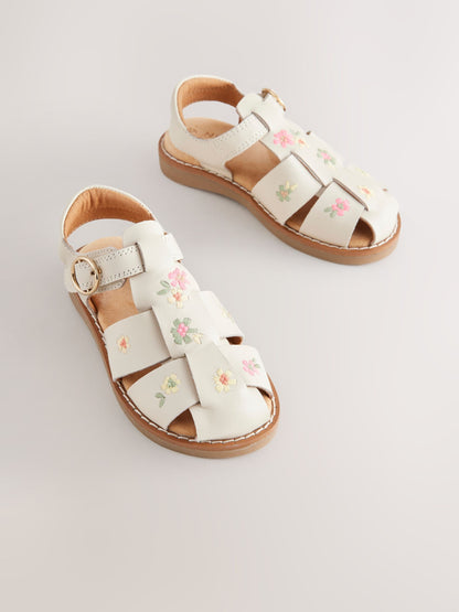 Neutral Embroidered Flower Leather Fisherman Sandals image 1