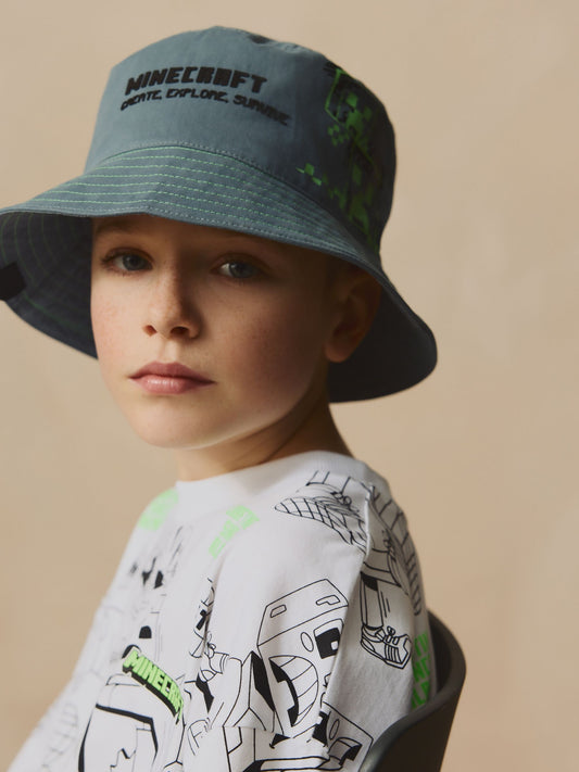 Grey/Green Minecraft Bucket 100% Cotton Hat (3-16yrs) image 1