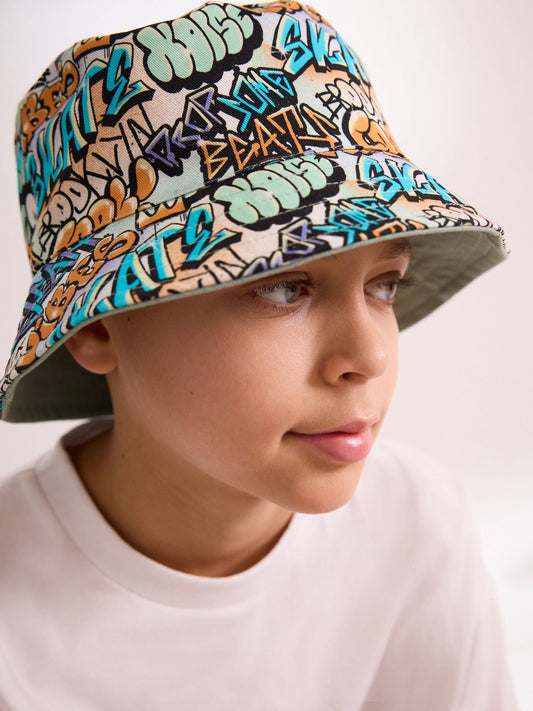 Skull Grafitti Print 100% Cotton Reversible Bucket Hat (1-16yrs) image 1