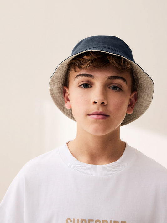 Navy Blue/Stone 100% Cotton Reversible Bucket Hat (3mths-16yrs) image 1
