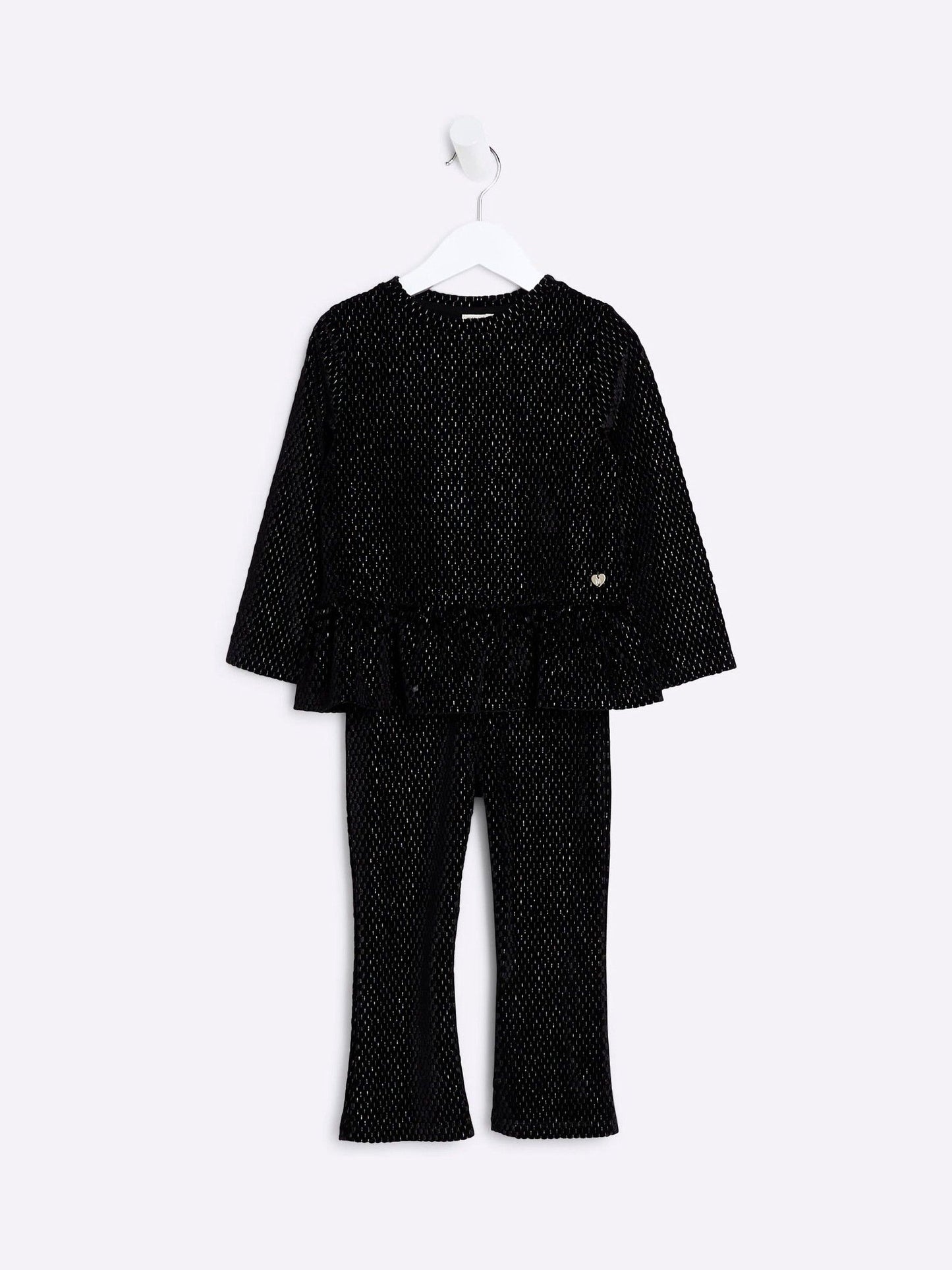 River Island Black Velvet Girls Peplum 100% Cotton Top and Trousers Set image 1
