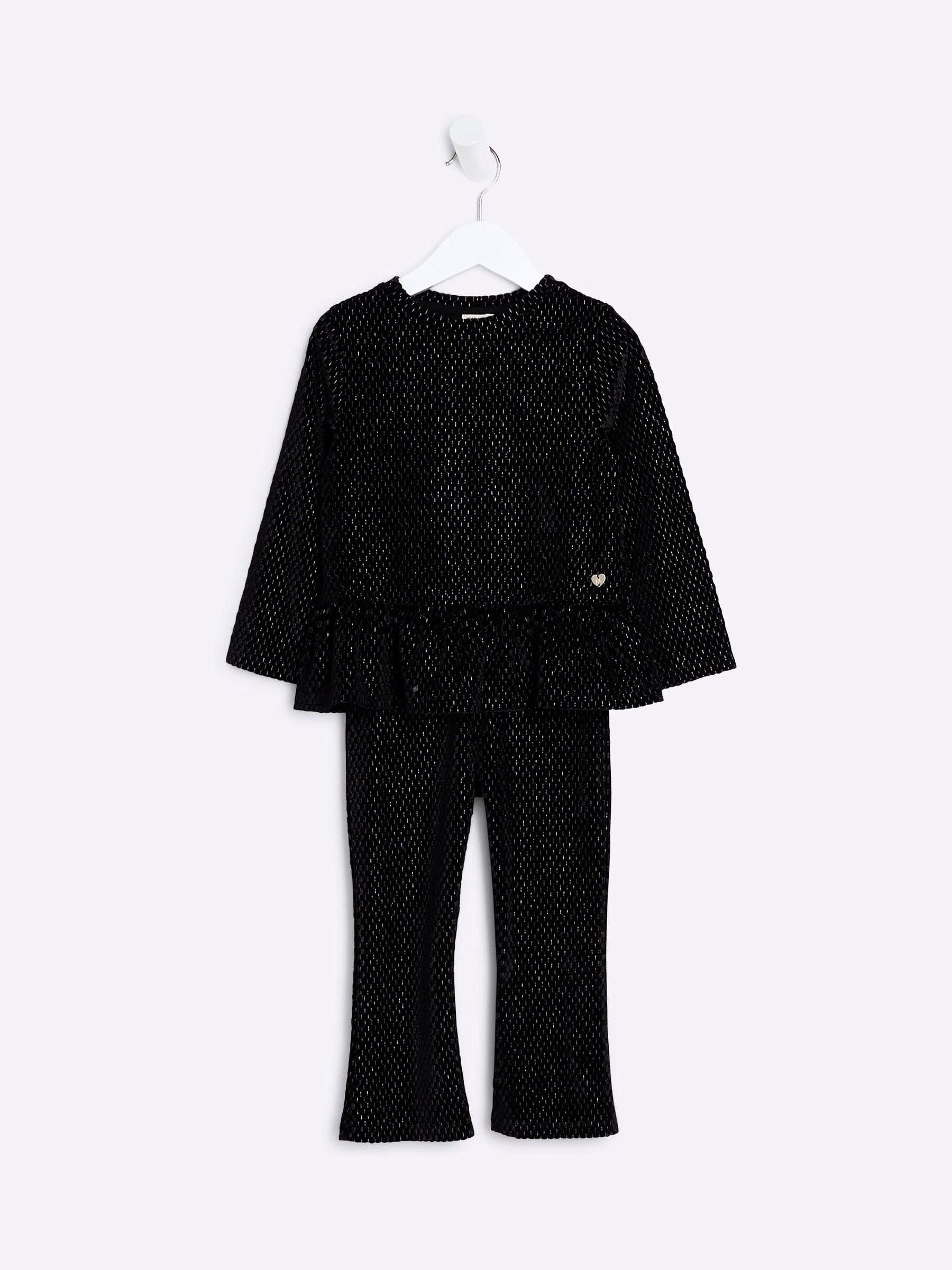 River Island Black Velvet Girls Peplum 100% Cotton Top and Trousers Set image 1