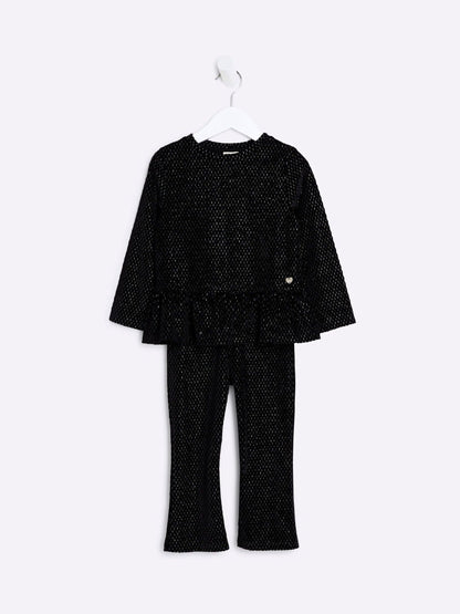 River Island Black Velvet Girls Peplum 100% Cotton Top and Trousers Set image 1