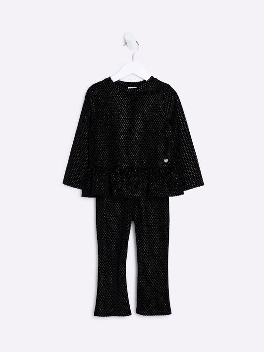 River Island Black Velvet Girls Peplum 100% Cotton Top and Trousers Set image 1