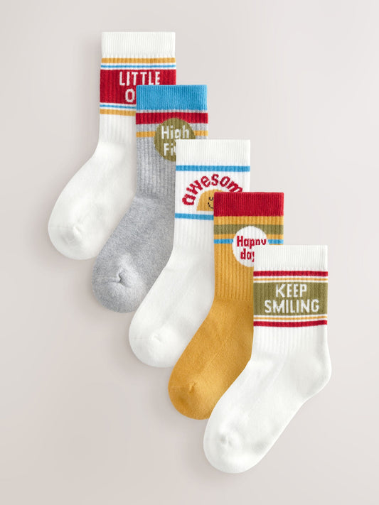 Ecru/Mustard/Red Retro Slogan Character Cotton Rich Socks 5 Pack image 1