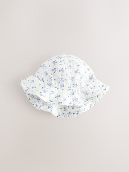 White/Blue Ditsy Floral Print 100% Cotton Baby Bucket Hat (0mths-2yrs) image 1