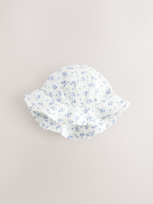 White/Blue Ditsy Floral Print 100% Cotton Baby Bucket Hat (0mths-2yrs) image 1