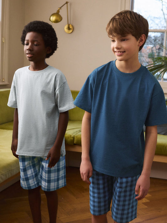 Navy Blue/ Grey 2 Pack Woven Check Oversized Pyjamas (3-16yrs) image 1