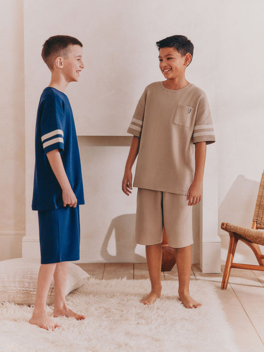 Stone/ Navy Blue 100% Cotton Short Pyjamas 2 Pack (3-16yrs) image 1