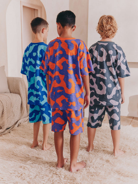 Orange/ Blue/ Grey Camouflage 100% Cotton Short Pyjamas 3 Pack (3-16yrs) image 1