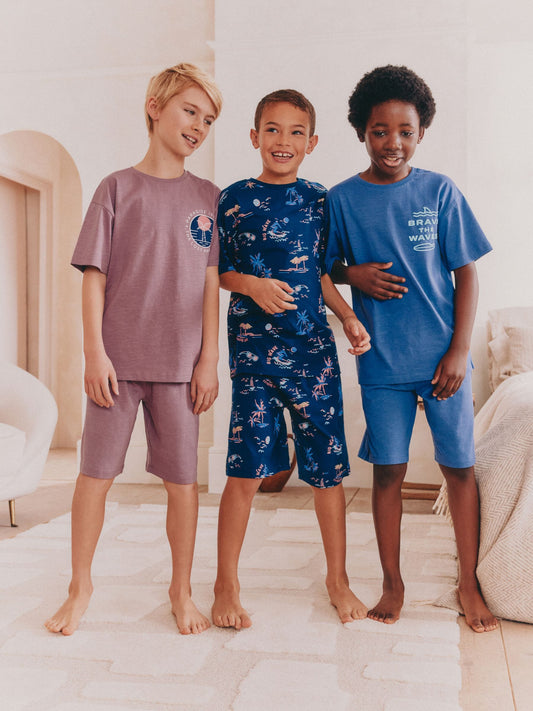 Navy/ Purple Waves 100% Cotton Short Pyjamas 3 Pack (3-16yrs) image 1