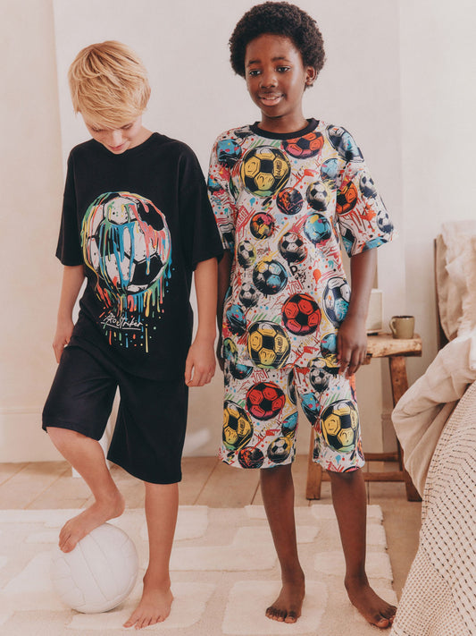Black/ Multi Bright Football Short Pyjamas 2 Pack (3-16yrs) image 1