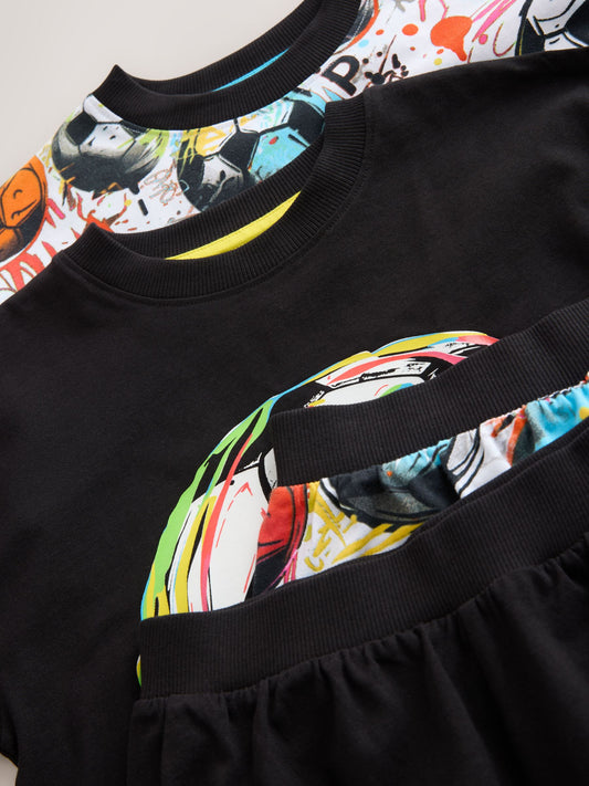 Black/ Multi Bright Football Short Pyjamas 2 Pack (3-16yrs) image 3