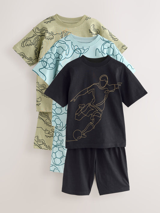Blue/ Black/ Green Football Short Pyjamas 3 Pack (4-16yrs) image 1