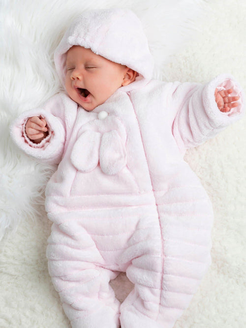 Emile Et Rose Pink Deep Pile Fleece Pramsuit With 3d Bunny image 1