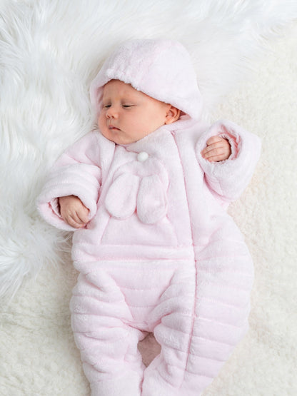 Emile Et Rose Pink Deep Pile Fleece Pramsuit With 3d Bunny image 2