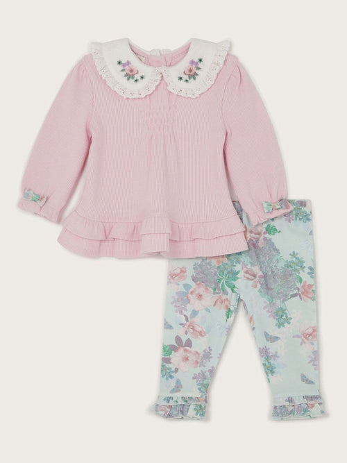 Monsoon Pink Newborn Rib Collar Top and Floral Leggings Set image 1