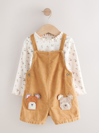 Tan Brown Corduroy Bear Print Dungarees Set (3mths-7yrs)