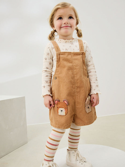 Tan Brown Corduroy Bear Print Dungarees Set (3mths-7yrs)