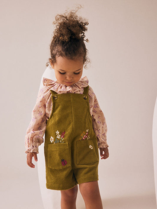 Green Floral Print Corduroy Dungarees Blouse and Tights Set (3mths-7yrs)